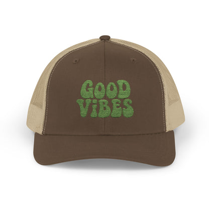Good Vibes Trucker Hat – Embroidered Retro Text Hat for Positive Vibes, Chill Style, and Everyday Feel-Good Energy. Green Letters
