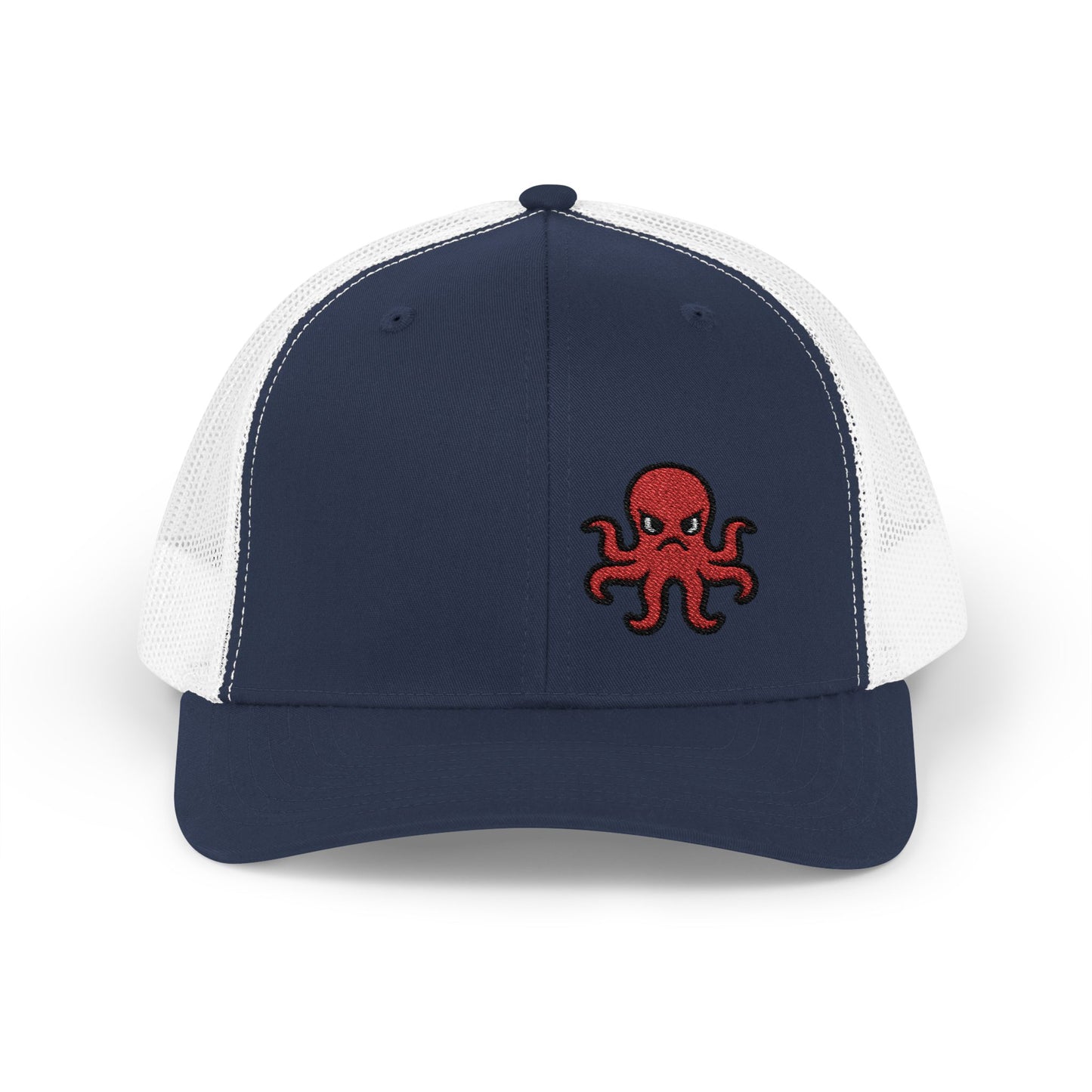 Angry Octopus Trucker Hat – Embroidered Red Sea Creature Hat with Cartoon Vibes and Bold Attitude