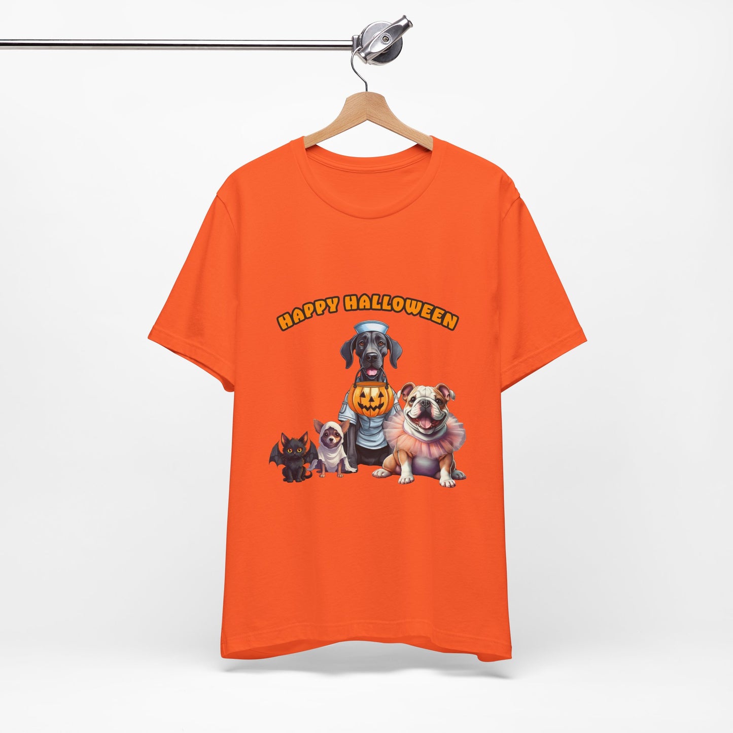 Happy Halloween Pet Parade Shirt – Cute Halloween Dogs and Cat in Costumes. Unisex Jersey Short Sleeve Tee