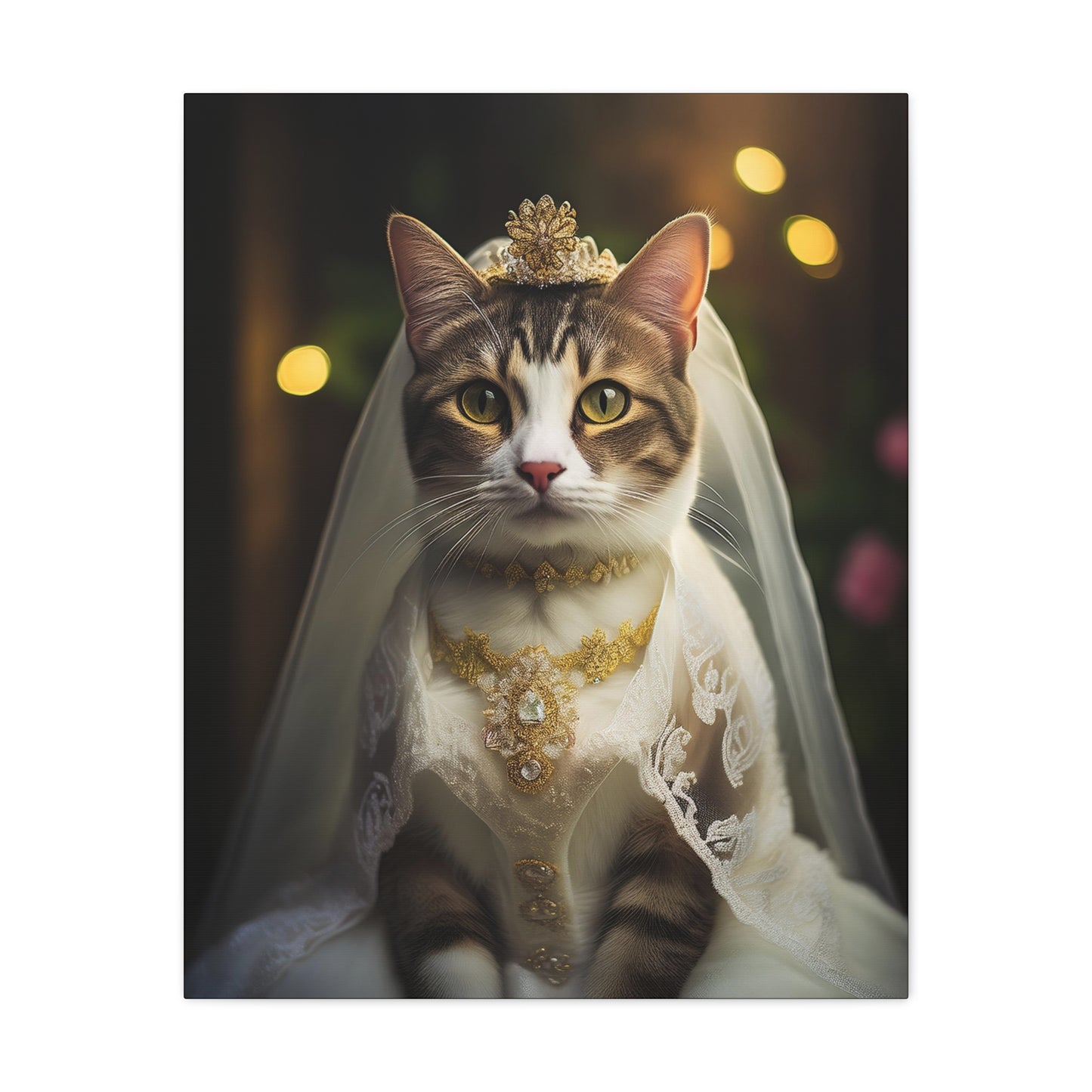 Cat Bride in White Lace Dress Canvas Art | Stretched Matte Wall Decor