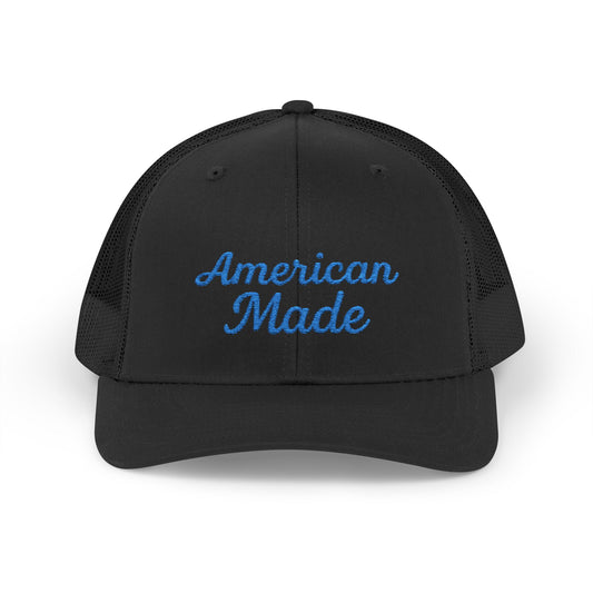 American Made Trucker Hat – Embroidered Patriotic Hat with Retro Script for USA Pride and Everyday Freedom. Blue Letters