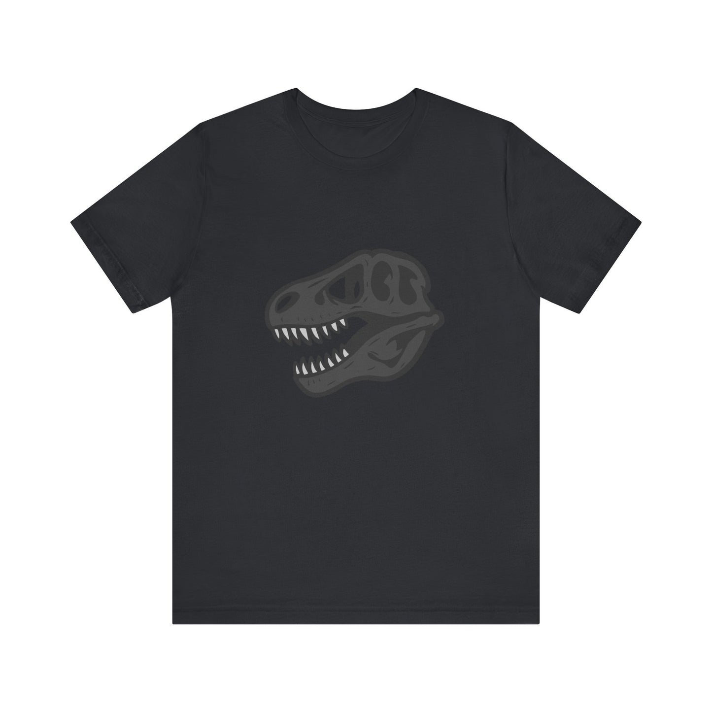 T-Rex Skull Graphic T-Shirt – Dark Theme Grayscale Dinosaur Skeleton Design on Black Tee with Prehistoric Edge and Modern Ghost Effect. Unisex Jersey Short Sleeve Tee