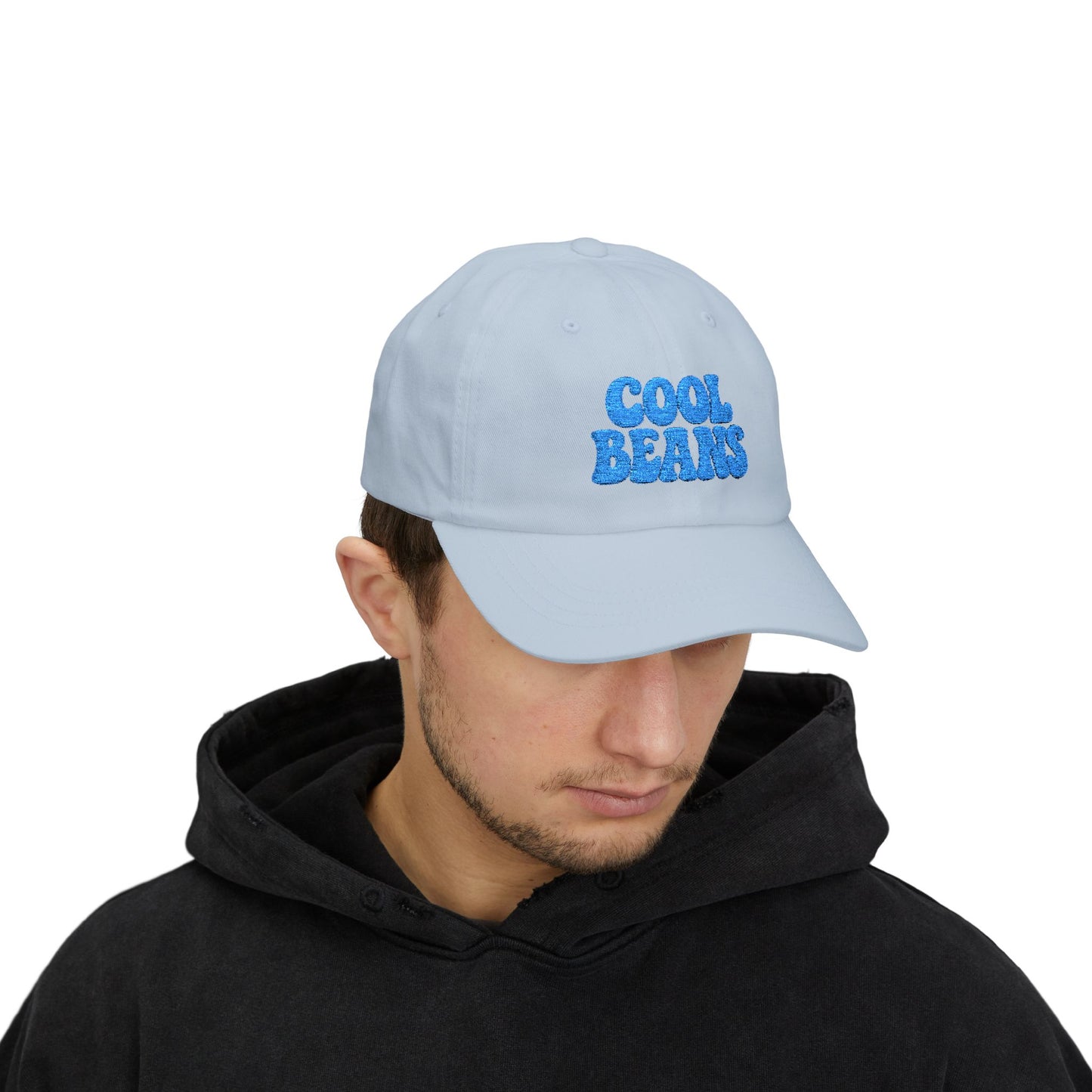 Cool Beans Classic Dad Hat – Embroidered Minimalist Text Hat for Chill Vibes and Quiet Comedy Fans. Blue Letters