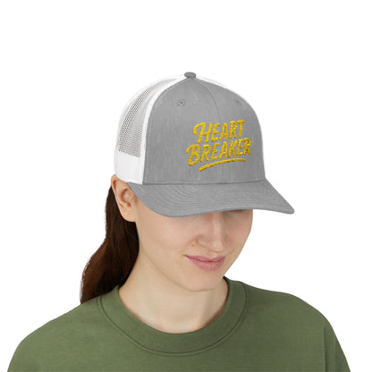 Heartbreaker Trucker Hat – Bold Baseball Hat with Retro Script and Broken Heart Design for Confident Rule-Breakers. Yellow Letters