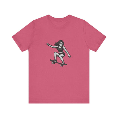 Skater Girl Graphic T-Shirt – Dark Theme Grayscale Skateboarding Design on Black Tee with Bold Motion and Modern Ghost Effect. Unisex Jersey Short Sleeve Tee