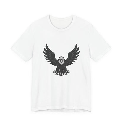 Eagle Wings Graphic T-Shirt – Dark Theme Grayscale Soaring Predator Design on Black Tee with Intensity and Modern Ghost Effect. Unisex Jersey Short Sleeve Tee