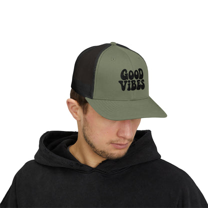 Good Vibes Trucker Hat – Embroidered Retro Text Hat for Positive Vibes, Chill Style, and Everyday Feel-Good Energy. Black Letters