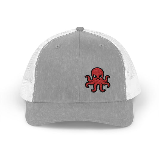 Angry Octopus Trucker Hat – Embroidered Red Sea Creature Hat with Cartoon Vibes and Bold Attitude