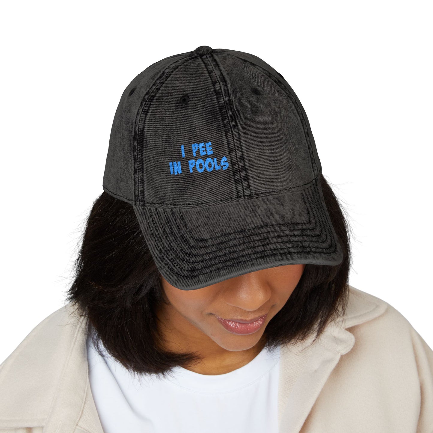 I Pee In Pools Vintage Hat – Funny Hat with Bold Blue Text for Lifeguard Terrors and Poolside Menaces