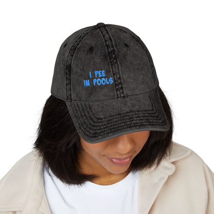 I Pee In Pools Vintage Hat – Funny Hat with Bold Blue Text for Lifeguard Terrors and Poolside Menaces