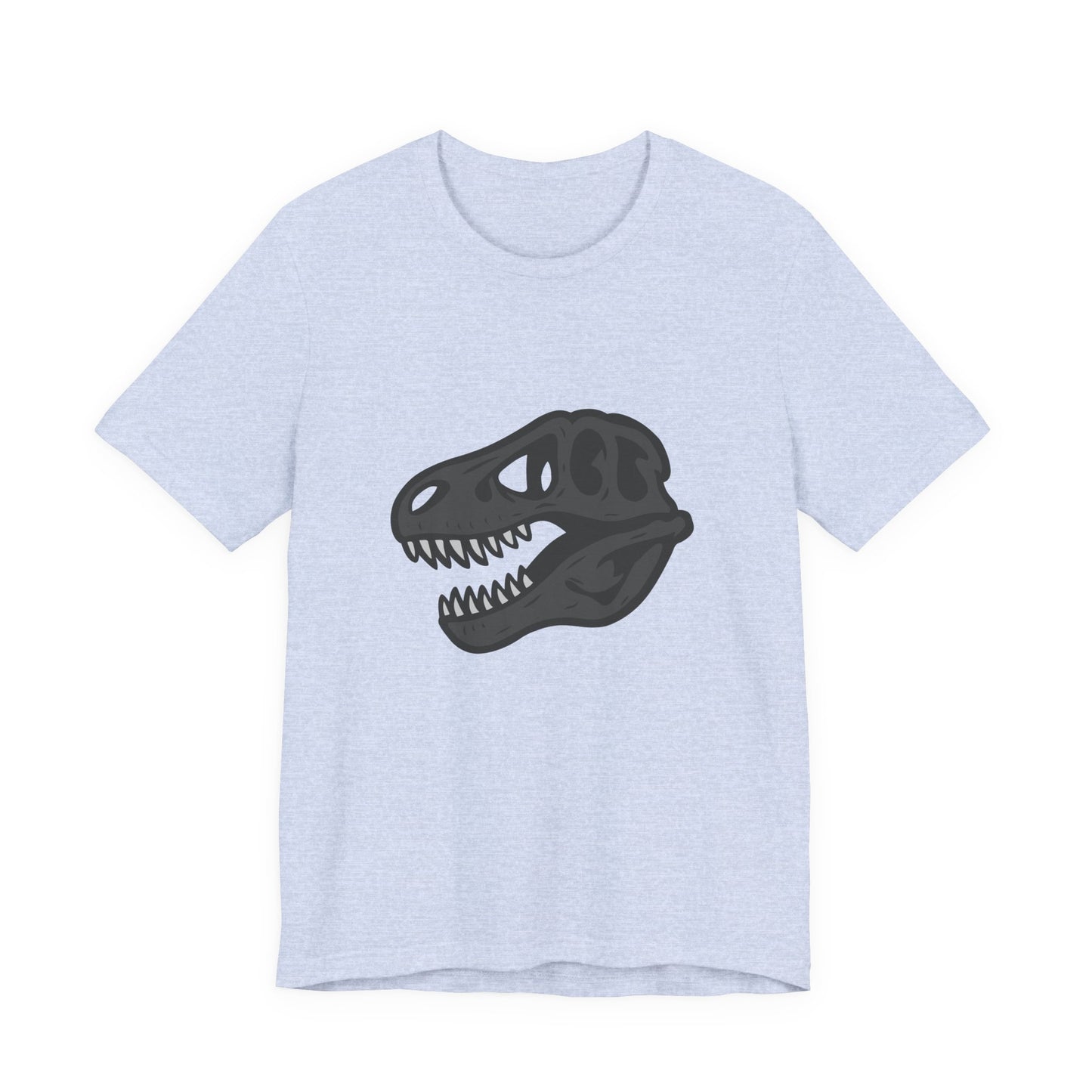 T-Rex Skull Graphic T-Shirt – Dark Theme Grayscale Dinosaur Skeleton Design on Black Tee with Prehistoric Edge and Modern Ghost Effect. Unisex Jersey Short Sleeve Tee