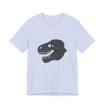 T-Rex Skull Graphic T-Shirt – Dark Theme Grayscale Dinosaur Skeleton Design on Black Tee with Prehistoric Edge and Modern Ghost Effect. Unisex Jersey Short Sleeve Tee