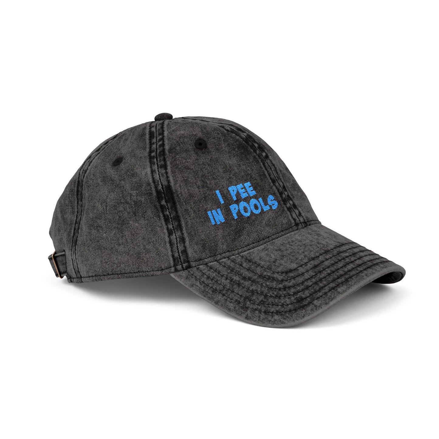 I Pee In Pools Vintage Hat – Funny Hat with Bold Blue Text for Lifeguard Terrors and Poolside Menaces