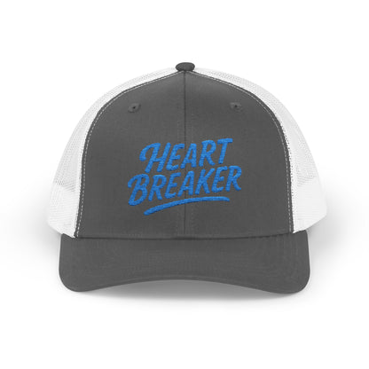 Heartbreaker Trucker Hat – Bold Baseball Hat with Retro Script and Broken Heart Design for Confident Rule-Breakers. Blue Letters