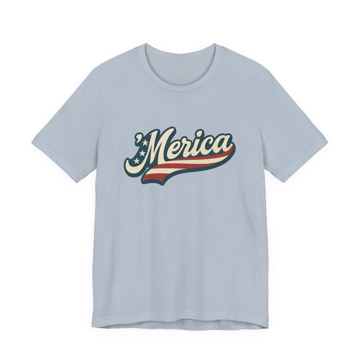 'Merica Vintage Script Shirt – Patriotic Retro USA Tee for 4th of July – Independence Day American Pride Design. Unisex Jersey Short Sleeve Tee