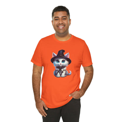 Adorable Witch Cat Halloween Shirt – Cute White Cat in Hat Graphic Tee for Cat Lovers and Halloween Fans