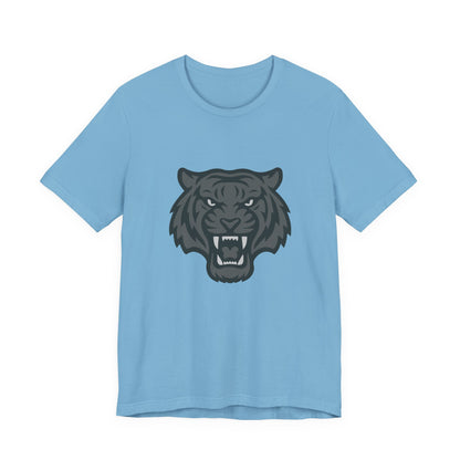 Tiger Head Graphic T-Shirt – Dark Theme Grayscale Roaring Beast Design on Black Tee with Fierce Focus and Modern Ghost Effect. Unisex Jersey Short Sleeve Tee