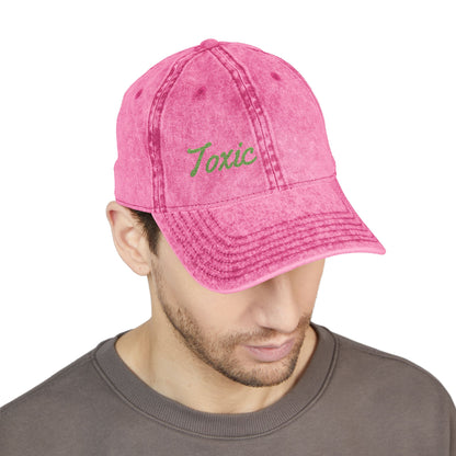 Toxic Vintage Hat – Embroidered Green Script Hat for Ironic Vibes and Bold Personality