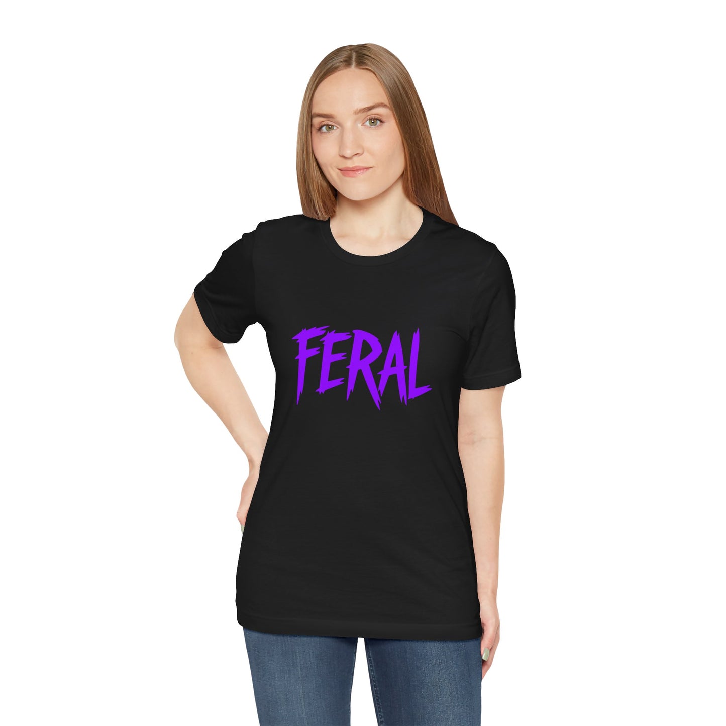 Colorful Design FERAL Shirt – Bold Purple Graphic Tee for Untamed Women Who Embrace Their Wild Side. Unisex Jersey Short Sleeve Tee