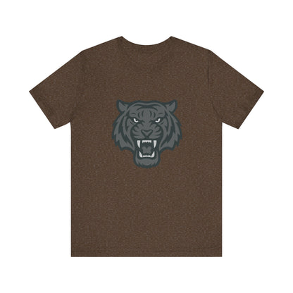 Tiger Head Graphic T-Shirt – Dark Theme Grayscale Roaring Beast Design on Black Tee with Fierce Focus and Modern Ghost Effect. Unisex Jersey Short Sleeve Tee
