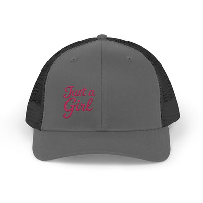 Just a Girl Trucker Hat – Minimalist Script Hat with Bold Feminine Energy and Classic Style. Pink Letters