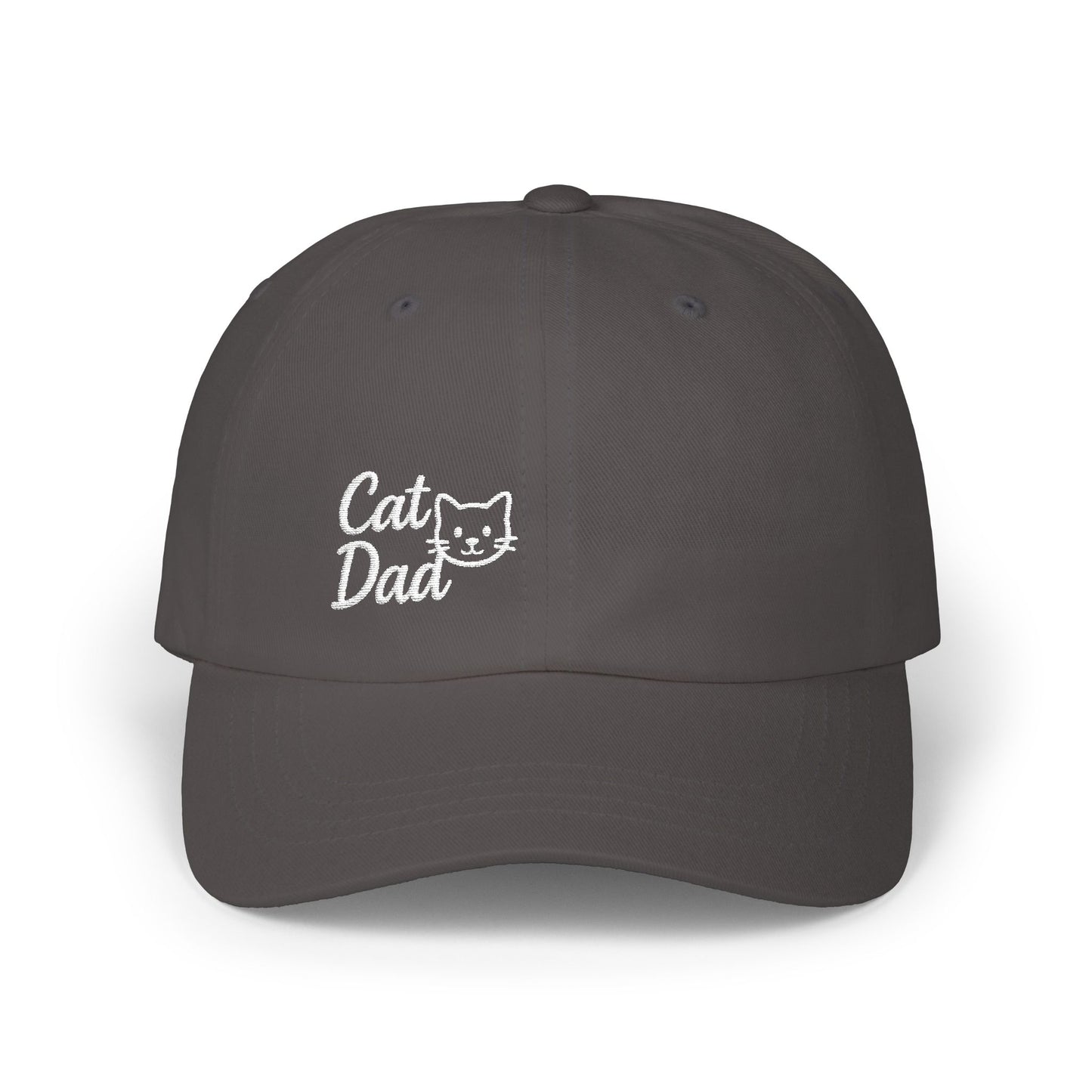 Cat Dad Classic Dad Hat – Embroidered Minimalist Cat Face Hat for Proud Pet Dads and Feline Fans. white letters