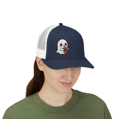 Cute Ghost Trucker Hat – Embroidered Kawaii Ghost Drinking Hat for Halloween Vibes and Everyday Boo Energy