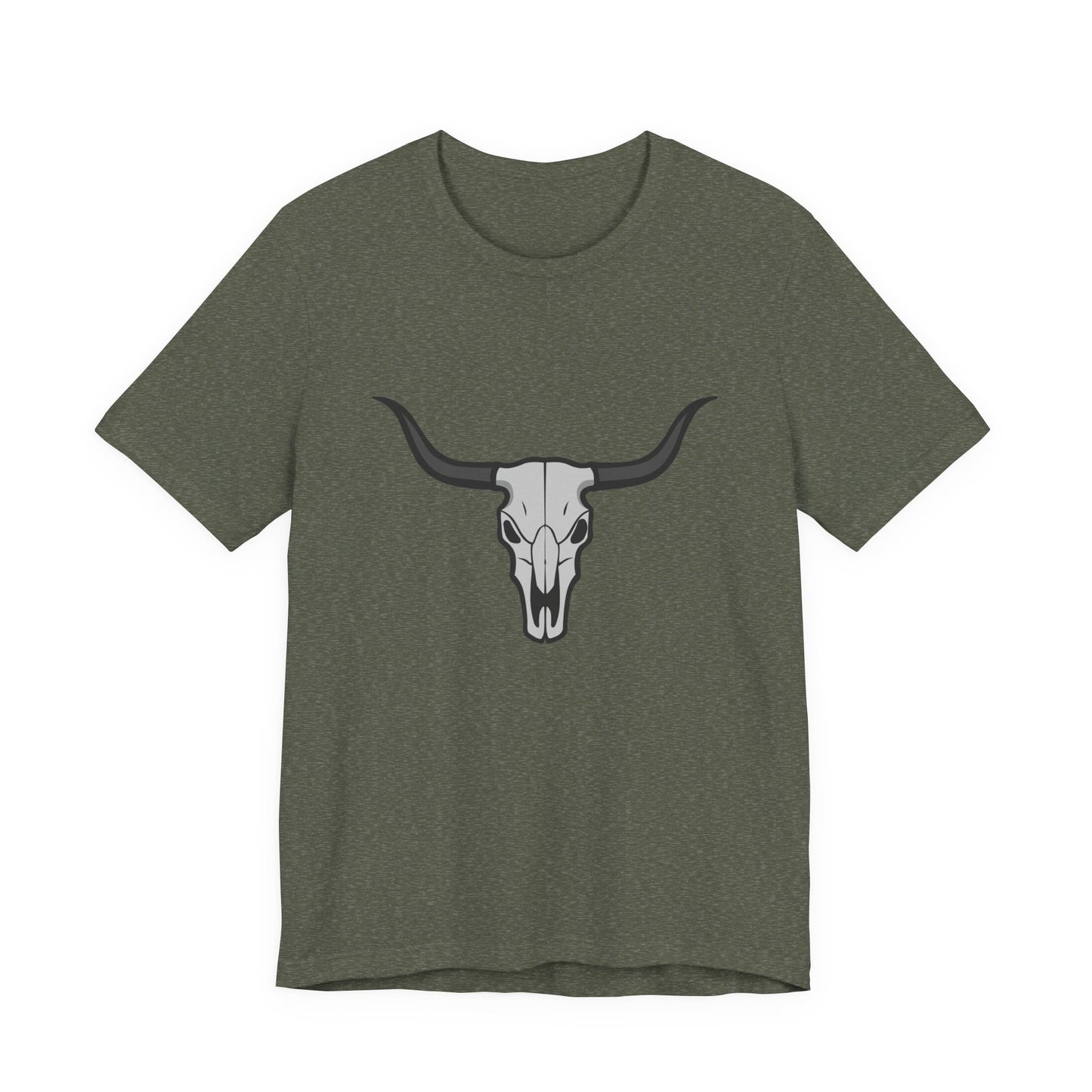 Dark Theme Steer Skull Shirt – Western Cow Skull Graphic in Grey and Black for Desert Gothic Vibes. Unisex Jersey Short Sleeve Tee