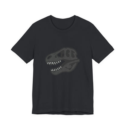 T-Rex Skull Graphic T-Shirt – Dark Theme Grayscale Dinosaur Skeleton Design on Black Tee with Prehistoric Edge and Modern Ghost Effect. Unisex Jersey Short Sleeve Tee
