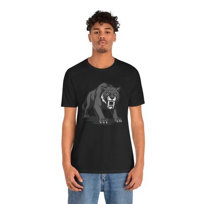 Saber-Tooth Tiger Graphic Tee Dark Theme – Fierce Prehistoric Vector Design with Modern Edge