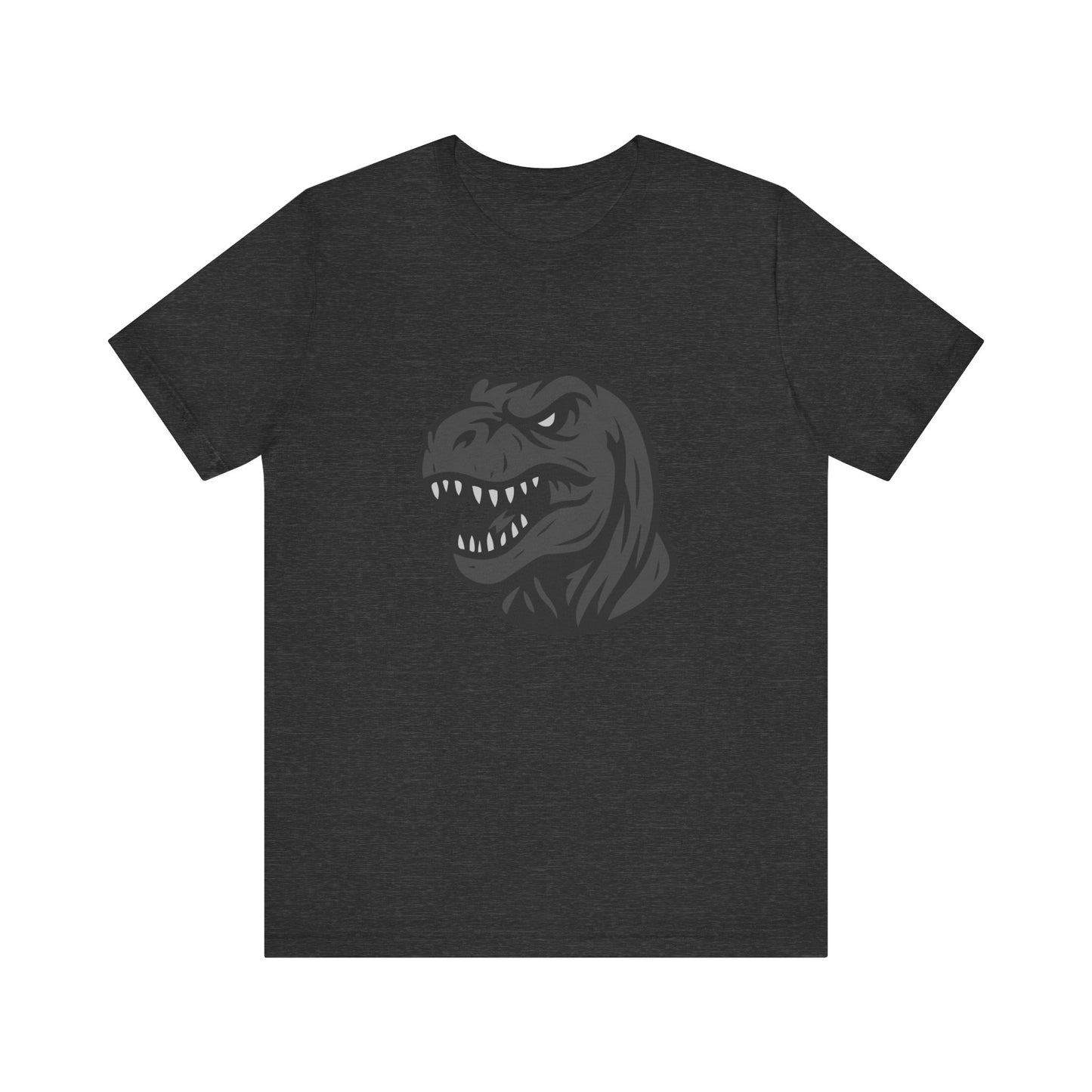 T-Rex Profile Graphic T-Shirt – Dark Theme Grayscale Dinosaur Head on Black Tee with Prehistoric Power and Modern Ghost Effect. Unisex Jersey Short Sleeve Tee