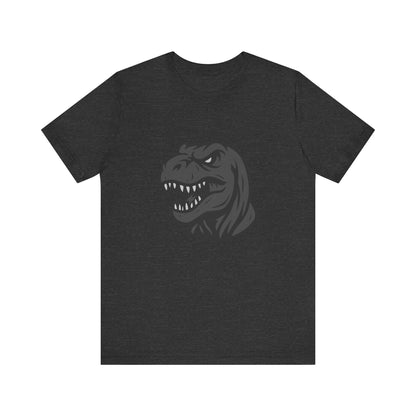 T-Rex Profile Graphic T-Shirt – Dark Theme Grayscale Dinosaur Head on Black Tee with Prehistoric Power and Modern Ghost Effect. Unisex Jersey Short Sleeve Tee