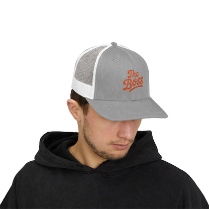 The Boss Trucker Hat – Embroidered Statement Hat for Power Moves Only. Orange Letters
