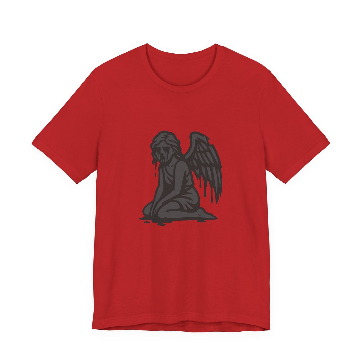 Fallen Angel Dark Theme Graphic T-Shirt – Dark Grayscale Crying Angel Design on Black Tee with Gothic Mood and Modern Ghost Effect. Unisex Jersey Short Sleeve Tee