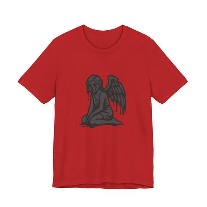 Fallen Angel Dark Theme Graphic T-Shirt – Dark Grayscale Crying Angel Design on Black Tee with Gothic Mood and Modern Ghost Effect. Unisex Jersey Short Sleeve Tee