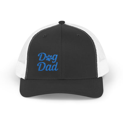 Dog Dad Trucker Hat – Embroidered Minimalist Dog Face Hat for Proud Pet Dads and Canine Companions. Blue Letters
