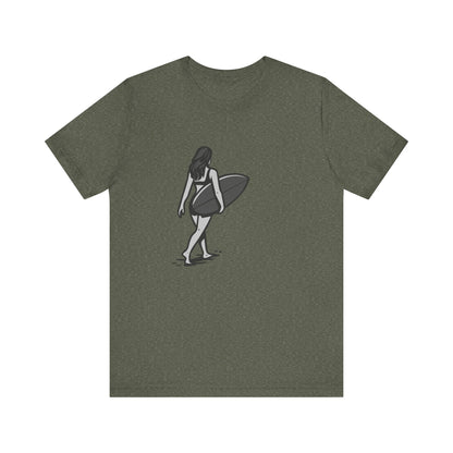 Surfer Girl Walking Graphic T-Shirt – Dark Theme Grayscale Beach Scene on Black Tee with Coastal Calm and Modern Ghost Effect. Unisex Jersey Short Sleeve Tee