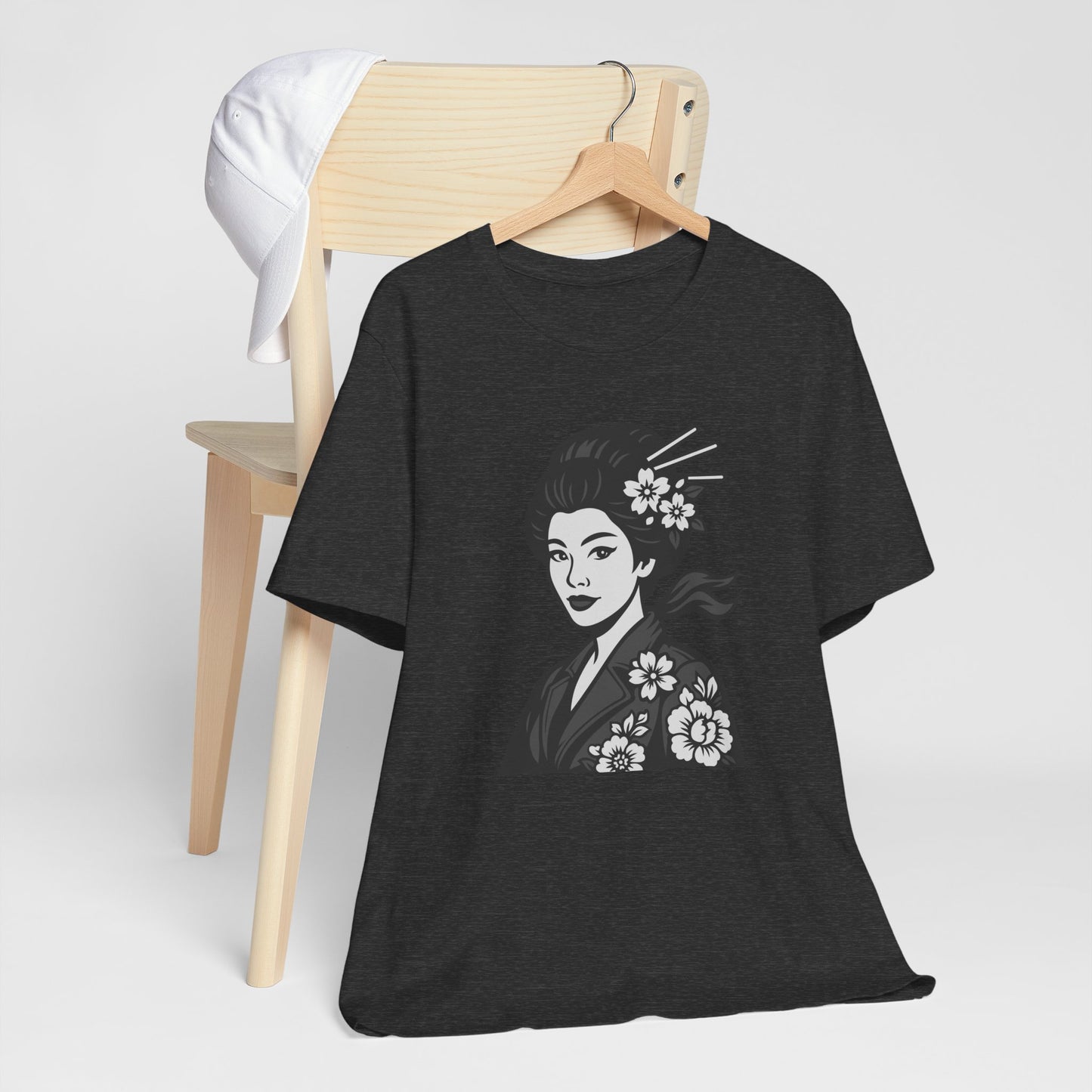 Floral Geisha Graphic Tee Dark Theme – Elegant Vector Portrait with Modern Ghost Effect