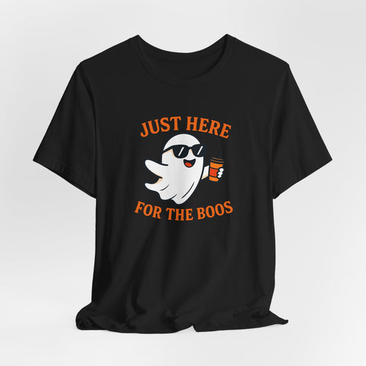 Just Here for the Boos Halloween Shirt – Funny Ghost Drinking Coffee Graphic Tee for Spooky Season