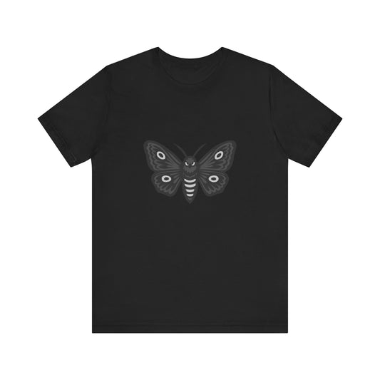Moth Graphic T-Shirt – Dark Theme Grayscale Winged Insect Design on Black Tee with Gothic Mood and Subtle Modern Ghost Effect. Unisex Jersey Short Sleeve Tee