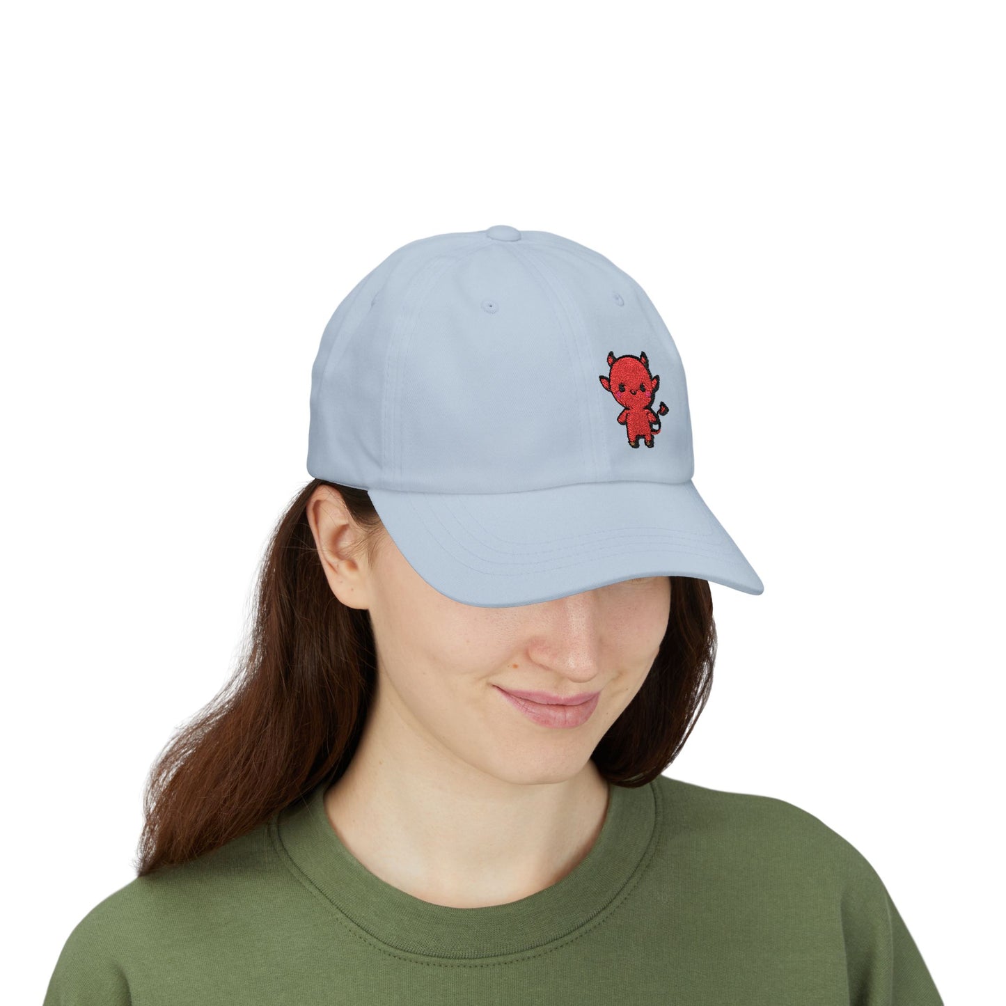 Lil Devil Embroidered Classic Dad Hat – Cute Red Devil Design for Halloween, Spooky Style, and Mischievous Everyday Vibes
