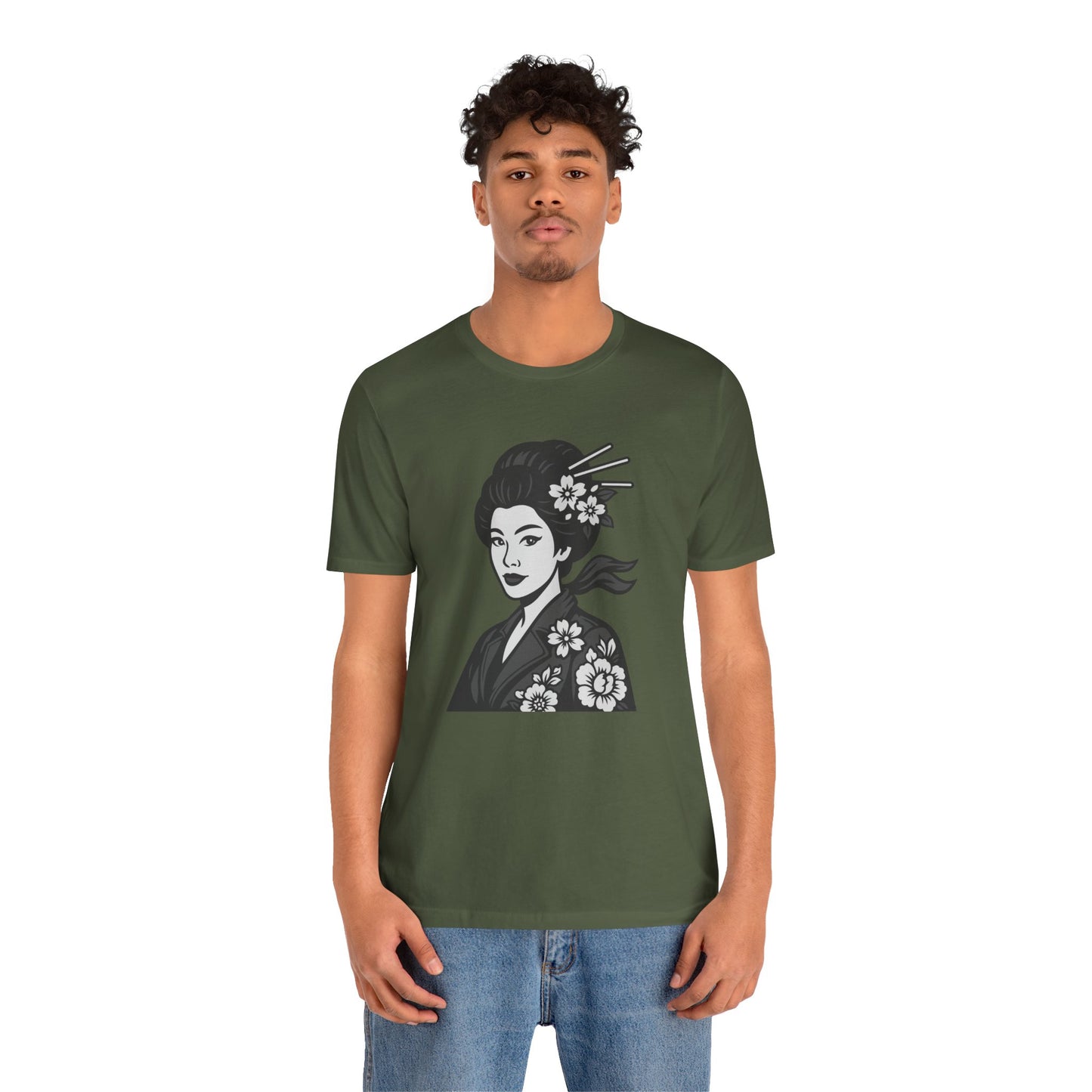Floral Geisha Graphic Tee Dark Theme – Elegant Vector Portrait with Modern Ghost Effect