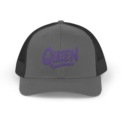 Queen Trucker Hat – Embroidered Crown Hat for Confident Women. Purple Letters