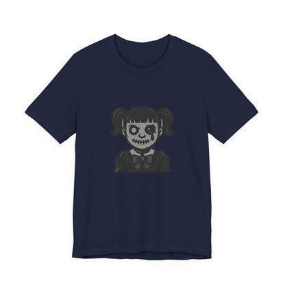 Scary Doll Graphic T-Shirt – Dark Theme Grayscale Creepy Cute Girl Design on Black Tee with Haunted Vibes and Modern Ghost Effect. Unisex Jersey Short Sleeve Tee