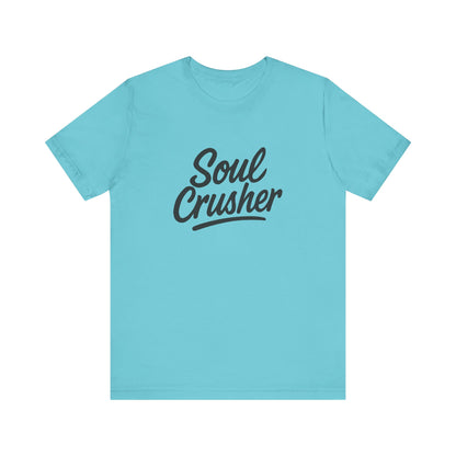 Soul Crusher Text T-Shirt – Dark Theme Grayscale Script Typography on Black Tee with Dark Energy and Modern Ghost Effect. Unisex Jersey Short Sleeve Tee