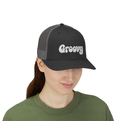 Groovy Trucker Hat – Retro Embroidered Hat with 70s Style Font for Funky Vibes, Chill Days, and Vintage Cool. White Letters