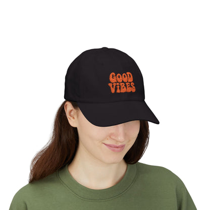 Good Vibes Classic Dad Hat – Embroidered Retro Text Hat for Positive Vibes, Chill Style, and Everyday Feel-Good Energy. Orange Letters