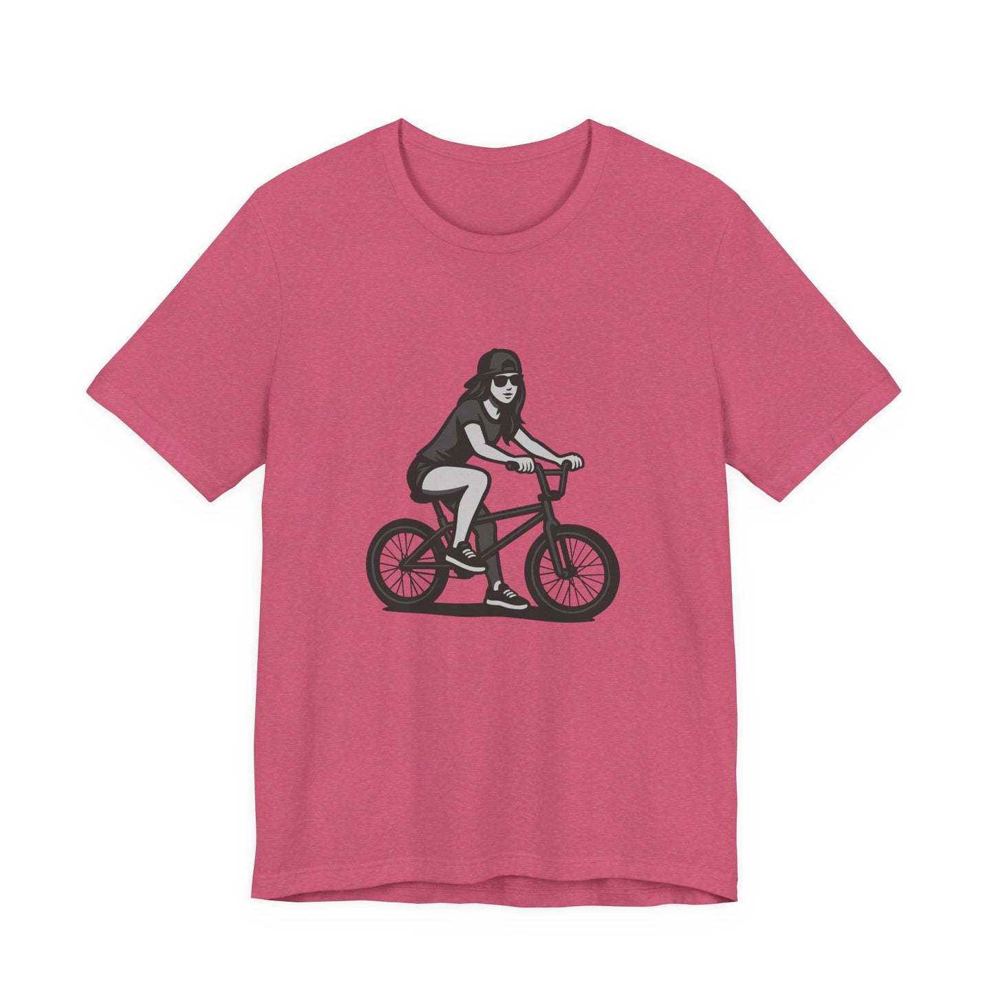 Cool Girl on Bike Graphic T-Shirt – Laid-Back Dark Theme Grayscale Rider Design on Black Tee with Street Style and Subtle Modern Ghost Effect. Unisex Jersey Short Sleeve Tee