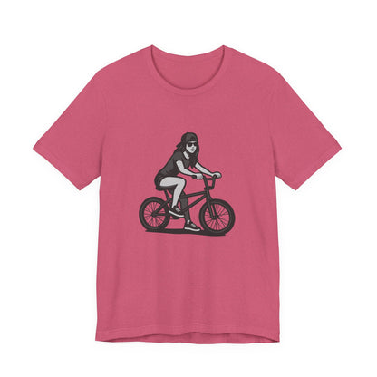 Cool Girl on Bike Graphic T-Shirt – Laid-Back Dark Theme Grayscale Rider Design on Black Tee with Street Style and Subtle Modern Ghost Effect. Unisex Jersey Short Sleeve Tee