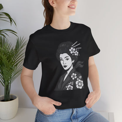 Floral Geisha Graphic Tee Dark Theme – Elegant Vector Portrait with Modern Ghost Effect